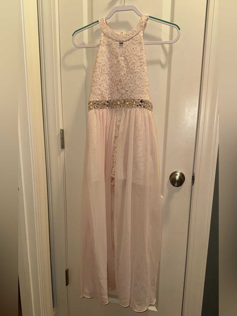 Xtraordinary Blush Pink Lace Halter Dress with Beaded Waist